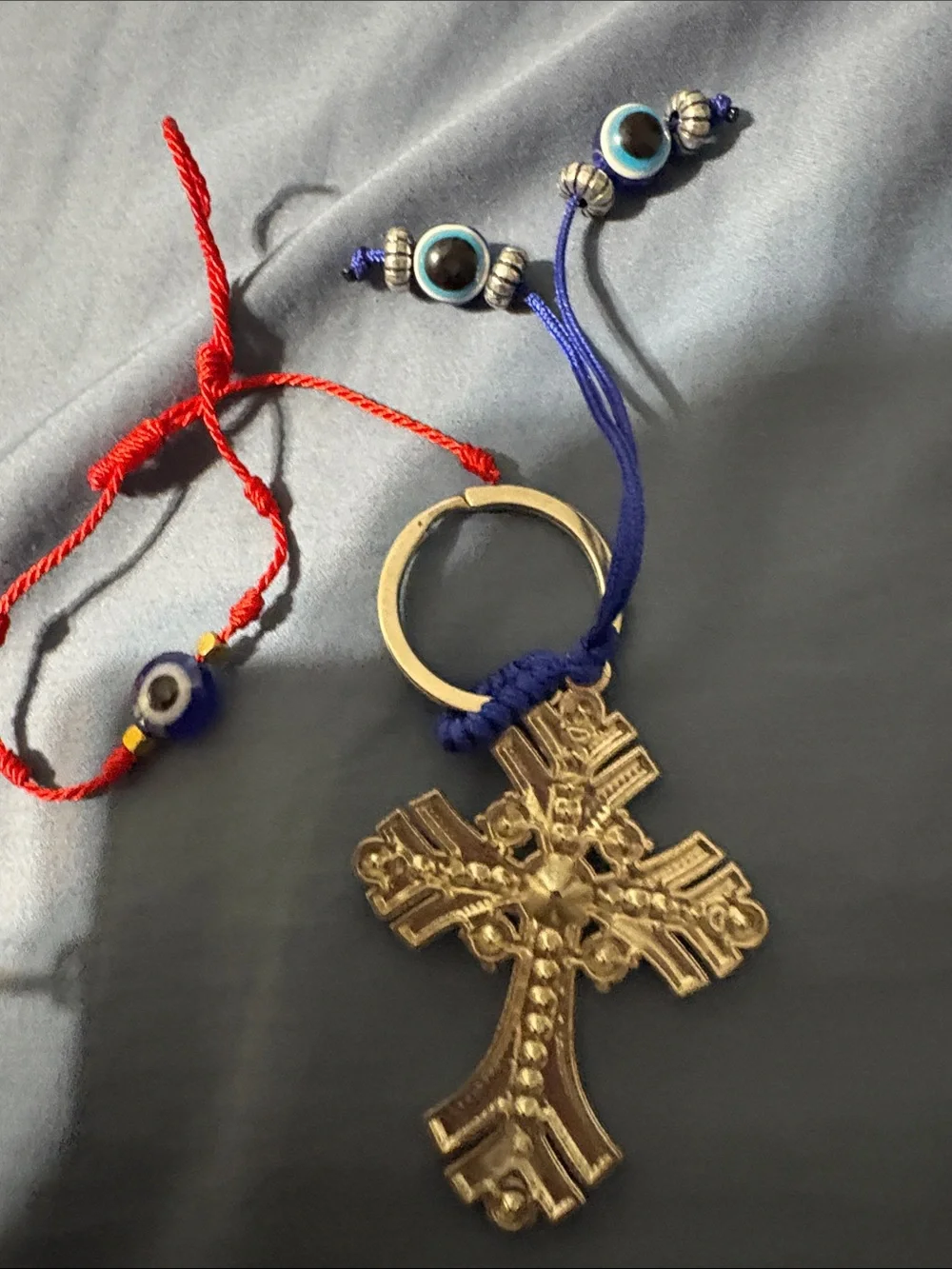 Blue & Red Beaded Bracelet with Cross Charm
